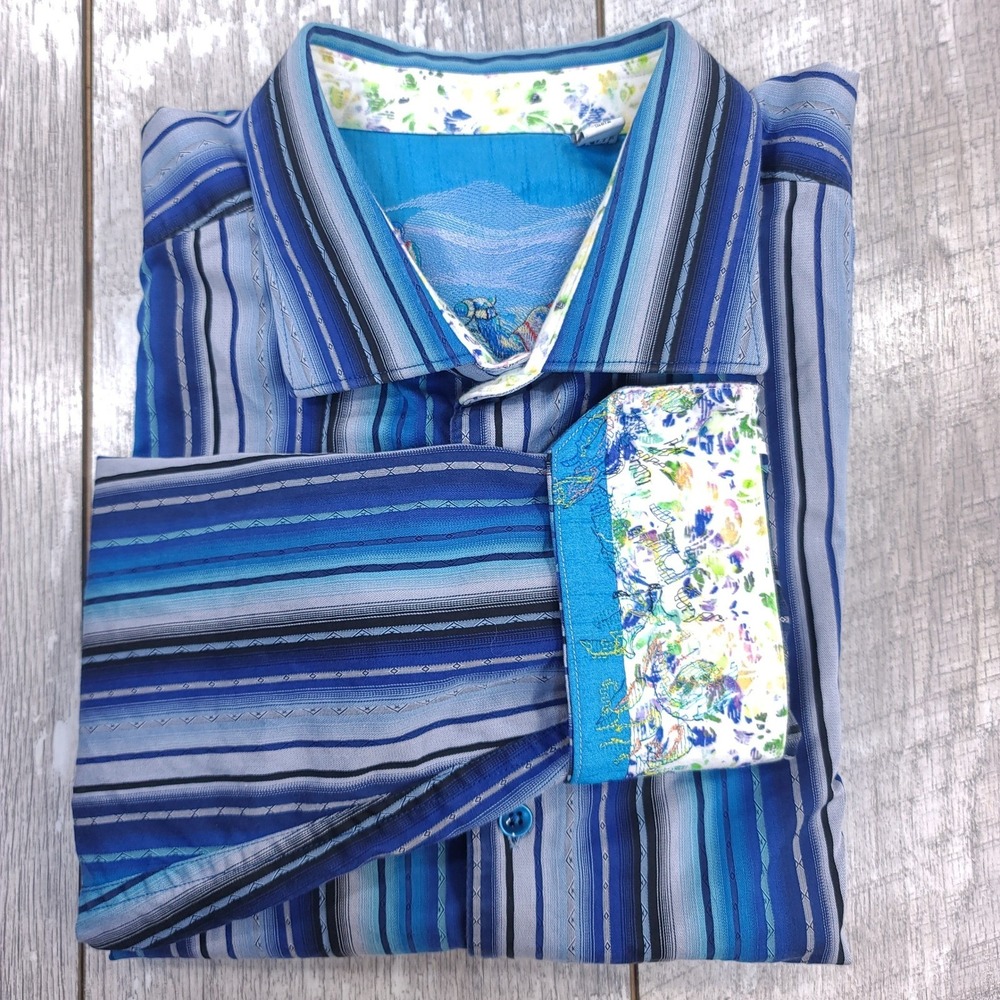 Robert Graham Button Shirt Mens Size XLT Blue Striped Long Sleeve Camel Caravan